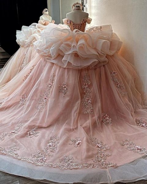 Pêche rose rose scintillant princesse quinceanera robes 2024 volants corset gonflés vestidos cristal de 15 anos sweet 16 robe de bal