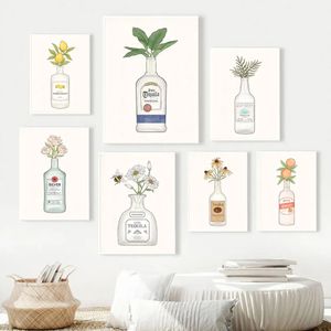 Perziken tequila wodka likeur fles bloemen canvas schilderen muur kunst alcohol eenvoud bloemposters en print foto's voor woonkamer thuis decor wo6