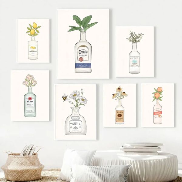 Peaches Tequila Vodka Liquor Bottle Flores Pintura ART de la pared Alcohol simplicidad Carteles de flores y impresiones Fotos para la sala de estar Decoración del hogar WO6