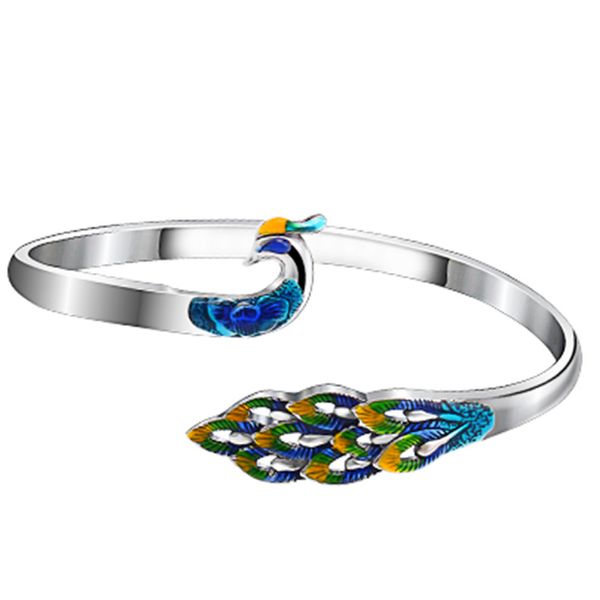 Brazalete de pavo real Pulsera Joyería de lujo para mujer Moda Estilo étnico creativo Pulsera abierta azul-verde Regalo femenino Brazaletes de plata