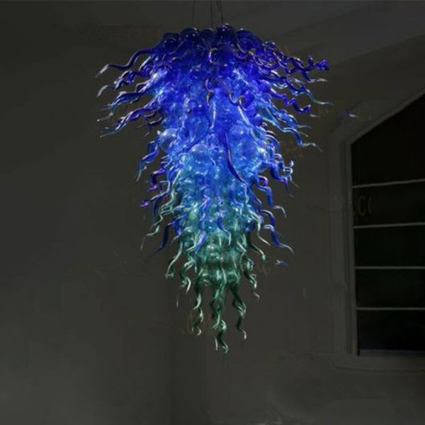 Lámparas de araña de cristal soplado LED azul pavo real decoración de arte hecha a mano cadena de luz iluminación interior decoración del hogar 32 por 40 pulgadas