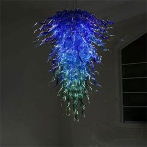 Pauwblauwe LED Handgeblazen glazen kroonluchter Lampen Woonkamer Kunstdecoratie Lichtketting Hanglamp Thuis 32 bij 40 inch