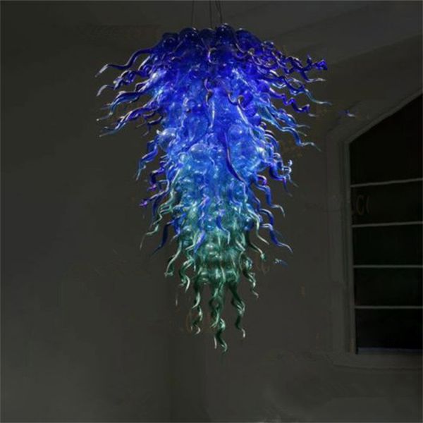 Pavo real azul LED Lámparas de araña de vidrio soplado a mano Sala de estar Decoración artística Cadena de luz Iluminación colgante Hogar 32 por 40 pulgadas