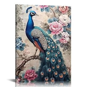 Peacock Canvas Wall Art Peacock Standing op de Branch Painting Trotse Animal Artwork Peacock Pink Flowers Picture Print Home Decor Framed (B)