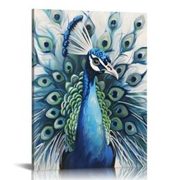 Peacock lienzo arte de pared verde azulado azulado azul que muestra sus hermosas plumas de pintura de imágenes de animales en lienzo para dormitorio de sala de estar estirado y enmarcado listo para colgar