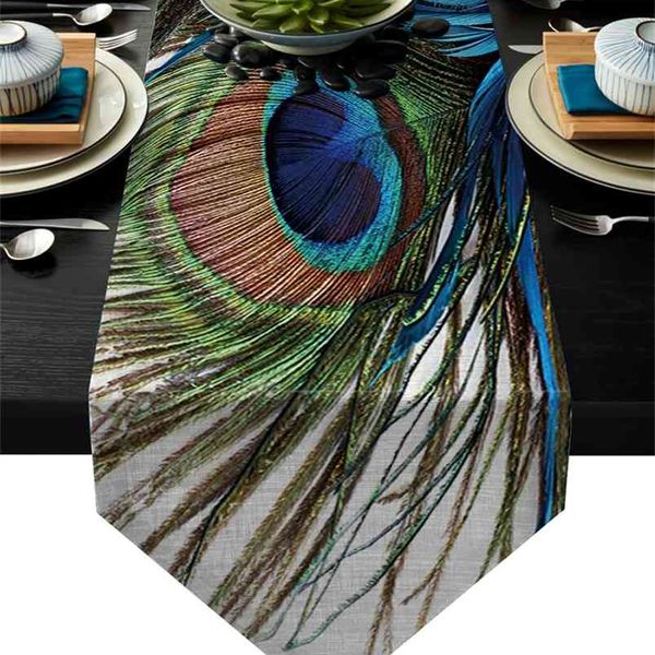 Paon Feather Art Table Runners Décorations de Noël pour la fête de mariage Camino de Mesa Accessoires de cuisine 210708