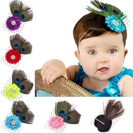 Plume de paon bébé filles bandeaux bandeaux floraux Barrettes enfants bandes de cheveux élastiques enfants cheveux accessoires maille béret 210413