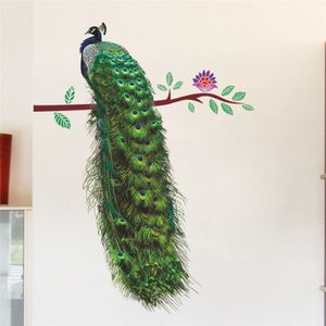 Pegatinas de pared de plumas de pavo real en rama, calcomanías de pared de animales vívidos 3d, decoración del hogar, calcomanía artística, póster de animales, decoración para sala de estar 263R