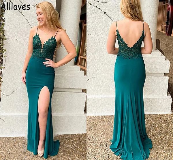 Robes de bal vert paon sexy bretelles spaghetti dentelle appliquée côté fendu sirène robes de soirée balayage train dos nu arabe Aso Ebi tenue d'occasion formelle