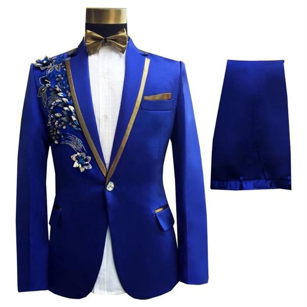 Trajes de hombre con lentejuelas de pavo real, traje azul real, esmoquin para hombre, para boda, novio, novio, 2 uds., chaqueta ajustada para graduación, chaqueta, pantalón Men211w