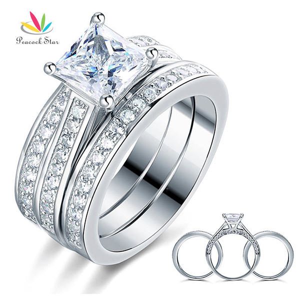 Paon Étoile 1.5 Ct Princesse Coupe Solide 925 En Argent Sterling 3 pcs Fiançailles Bague De Mariée Ensemble Bijoux Cfr8197 J190716