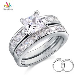 Peacock Star Solid 925 Sterling Zilver 2-PCs Wedding Engagement Ring Set 1 CT Princess Cut Jewelry CFR8020 CJ191216