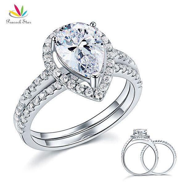 Paon étoile solide en argent sterling 925 promesse de mariage de mariée bague de fiançailles ensemble 2 ct poire bijoux CFR8224 D18111306