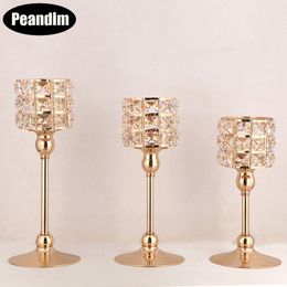 PEANDIM Crystal Candle Lantern Gold Candle Holders Wedding Centerpieces Center Table Candlesticks Parties Home Decor LJ201018