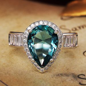 PEALE GESLAP LAB Aquamarine Finger Ring 925 Sterling Silver Party Wedding Band Ringen voor vrouwelijke mannen beloven engagement sieraden geschenk