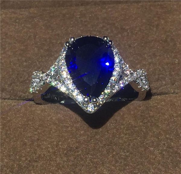 Poire coupe goutte d'eau bleu saphir Cz bijoux or blanc rempli Solitaire simulé diamant bague pour les femmes exquis cadeau de mariage S7086436
