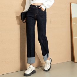 Peervormige figuur smoke tube jeans voor dames herfstkleding nieuwe mollige mm maat hoge taille afslankende effect bedekt kruis gekrulde rand rechte pijpen broek