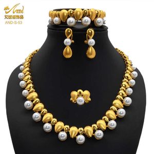 Parel Afrikaanse set sieraden bruids Braziliaanse Indiase ketting ringen kostuum partij vergulde vrouwen Dubai sieraden set voor bruiloft H1022