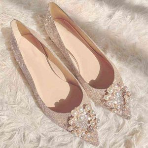 Zapatos de boda con cuentas de perlas y flores para mujer, zapatos planos con purpurina dorada/plateada de lujo, zapatos de novia de talla grande 34-44, zapatos con punta estrecha para mujer