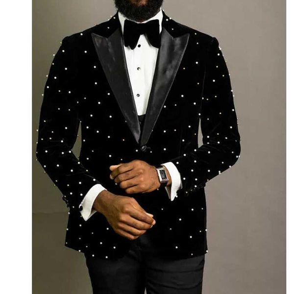 Perle Perles Hommes Costumes Slim Fit Noir Velours Mariage Tuxedos 2 Pièces Veste De Mode Africaine avec Pantalon Groom Wear 2021 X0909