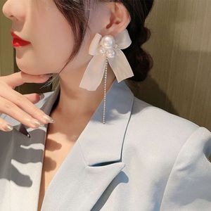 Boucles d'oreilles longues de Style diamant d'eau, ruban avec nœud en perles, boucles d'oreilles rouges Internet coréennes pour femmes, nouvelle collection