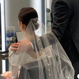 Pearl Bride's Single -Layer Long Tail Tail Veil Long -Plain Gasza Headwear Wedding Travel Shooting Mori Retro y Minimalista
