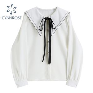 Pearl Button Vintage Blouses of Tops voor Woman Cardigan Koreaanse elegante shirts Vrouwelijke OL ins losse lace-up kraag Blusas 210417