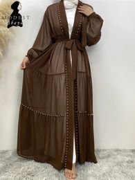 Pearl Chiffon Manga Tie Design Cardigan Rata Modest Muslim Dubai Elegant Kimono Open Abaya Vestido Corban Eid Woman 240423