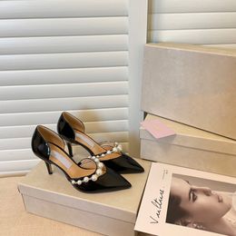 Pearl -kristallen verfraaid Stiletto Heels Sandalen Rhinestone Black Evening Shoes Women High Heeled Luxury Designers Wraparound Dress Shoe