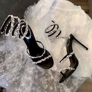 Sandales à talons aiguilles ornées de cristaux de perles 10mm strass noir chaussures de soirée femmes à talons hauts robe portefeuille de créateurs de luxe