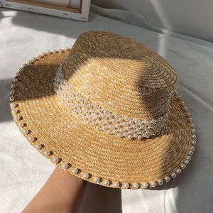 Pearl Decoration Sun Hat For Women Flat Top Jazz Fedoras Panama Summer Straw Hats Brief Blue Gordel Beach Hat Gifts