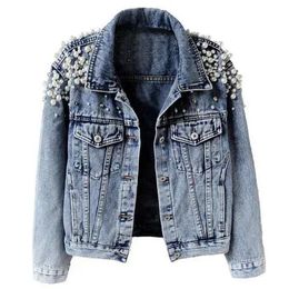 Pearl Denim Coat Femmes Cotton Spring Autumn ROPA Cardigan jeans Punk Gothic Bomber veste Windbreaker Y2K Vestes Femmes Corée 240416