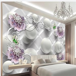 Parel Diamant Bead Bloem Wallpapers 3D Muurschildering Woonkamer TV Achtergrond Muur 3D Stereoscopisch behang