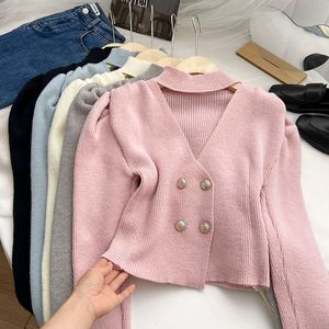 Pearl Diary Hollow Out Tops Outumn Winter Solid Color Sweater Mujeres Single-Breasted Knit Cardigan Sweet Women New Top