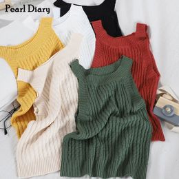 Pearl Diary Damen Feste Tanktops Sommer Elegante gestrickte ärmellose Tops Street Solid Crop Camisole Trägerlose Rundhals-Tops 210308