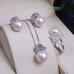 Pendientes de perlas, collar, anillo colgante para mujer, conjunto de joyas de perlas blancas de agua dulce naturales, conjuntos de joyas de plata de ley 925, regalo 240103