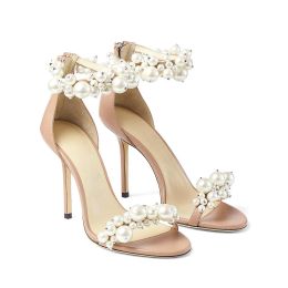 Tacones de aguja con adornos de perlas Sandalias Maisel Tacón altísimo de 100 mm para mujer Zapatos de diseñador de lujo para boda de verano Zapatos de fábrica con tacón de fiesta con correa de cuentas