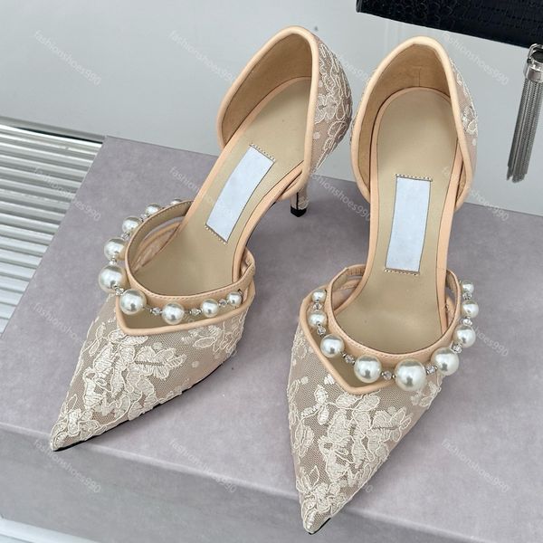 Perle Floral Dentelle Talons Designer Robe Chaussures Femmes Embelli Ivoire Blanc Pointu Pompes Classique À Talons Hauts Sexy Soirée De Mariage Chaussure Avec Boîte 10A Chaussures d'usine