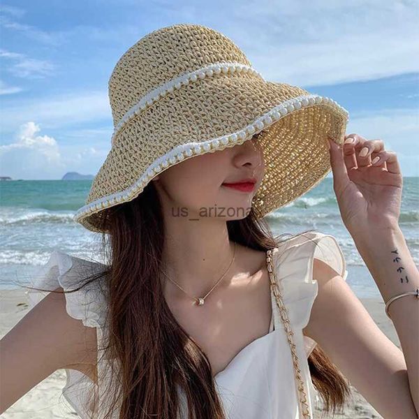 Pearl Girl Sun Hat Wide Brim Floppy Summer Sombreros de paja para mujeres Malla transpirable Playa Panamá Dome Cap Travel Ladies Shade Hat L230620