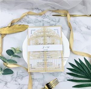 Invitations de mariage découpées au Laser à fleurs en or perle, insert personnalisé imprimé et bande ventrale Via UPS8675603