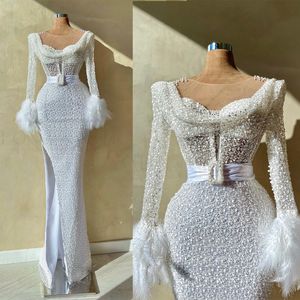 Parel Prachtige Zeemeermin Avondjurken Veren Zijsplit Kralen Applique Portret Jurken Sweep Trein Vestidos De Fiesta Prom Gelegenheid Aangepast formaat