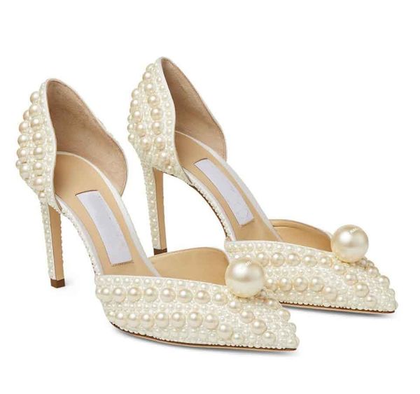 Tacones altos con perlas Sandalias de vestir Sacaria de verano Zapatos de boda blancos Plataforma de satén adornada con perlas Mujeres elegantes Bombas para damas de novia size35-41