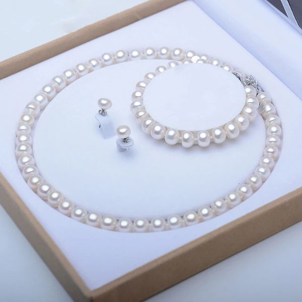 Conjuntos de joyas de perlas, collar de perlas naturales genuinas de agua dulce, pulsera, pendientes de plata de ley 925 para mujer, tendencia de regalo 240103
