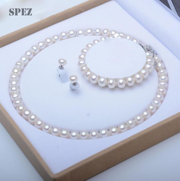 Conjuntos de joyas de perlas Juego de perlas de agua dulce natural genuino 925 Pendientes de collar de perlas de plata esterlina Pulsero para mujeres Regalo Spez C2730512