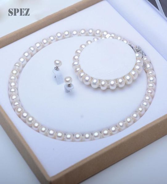 Conjuntos de joyas de perlas Conjunto de perlas naturales de agua dulce genuinas, collar de perlas de Plata de Ley 925, pendientes, pulsera para mujer, regalo SPEZ C2693138