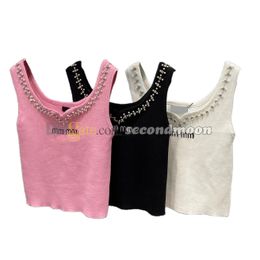 Parelhalsvest Dames Mouwloze Tanks Top Letters Geborduurde Vesten Glanzend Kristal Gebreide Tops