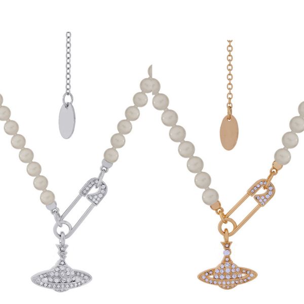 Collier de perles Designer Design Pin Saturn Perlé Pendentif Dames Diamant Colliers Cuivre 18K Doré Bijoux Collier perles avec boîte