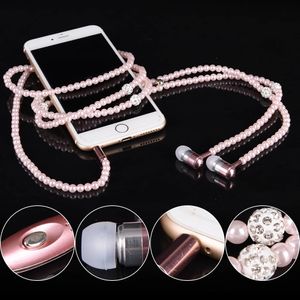 Collier de perles avec écouteurs intra-auriculaires, strass roses, bijoux avec micro, pour Samsung Xiaomi, cadeaux d'anniversaire pour filles