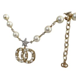 Collier de perles de luxe de créateur, pendentif de marque, Double chaîne de lettres plaquée cristal strass