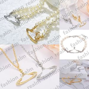 Colliers de perles bracelet perlé broche boucles d'oreilles Saturne pendentif collier diamant cuivre plaqué or 18 carats bijoux de créateur Clavicule271W